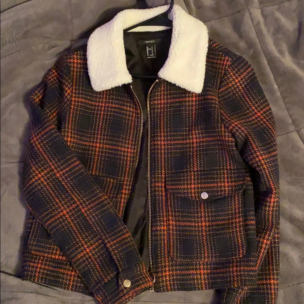 Forever 21 Plaid Fur Collar O-Ring Jacket